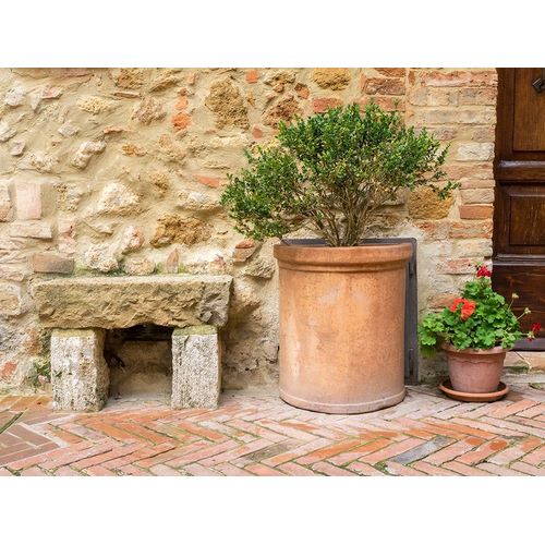 Eggers, Julie 아티스트의 Italy-Tuscany-Pienza Potted plants and stone bench along the streets작품입니다.